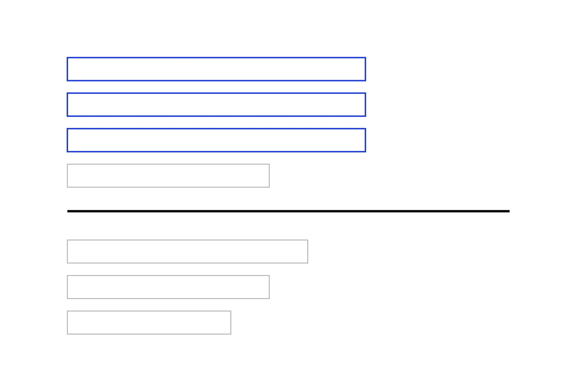 A ruled page of short entries with three fields marked before a horizontal divider